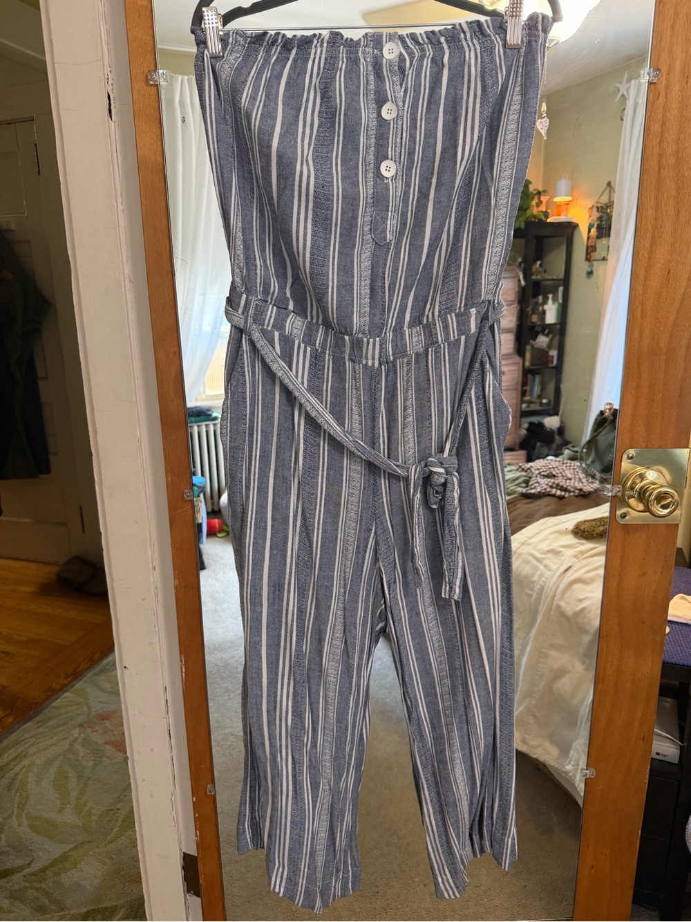 Bella Dahl Blue and White Strapless Linen-Blend Jumpsuit with Tie Waist